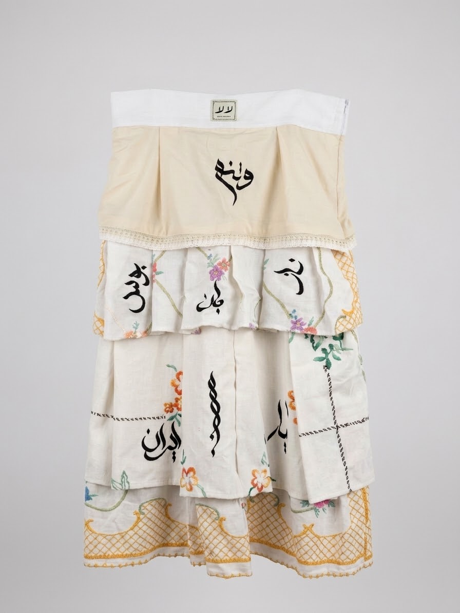 LALA Embroidered Tiered Maxi Skirt – Handcrafted Persian Calligraphy Edition